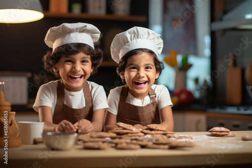 cute indian little girls in chef uniform, making cookies