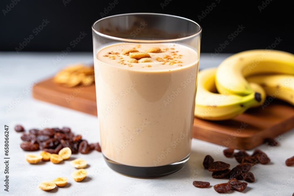 banana and peanut butter pieces sinking into smoothie glass banana and peanut butter pieces sinking into smoothie glass