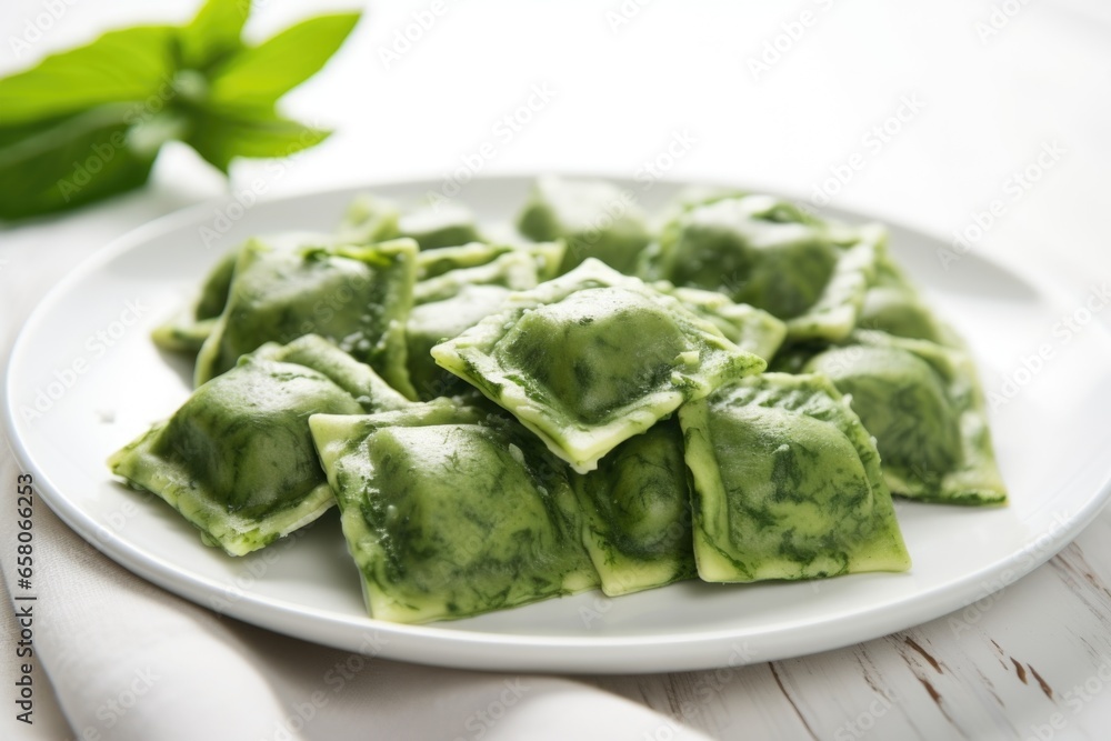 fresh spinach ravioli pasta overlapped on a white ceramic plate fresh spinach ravioli pasta overlapped on a white ceramic plate