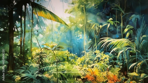 A Lush Tropical Rainforest Vibrant With Exotic Flora