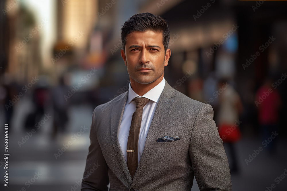 Young and confident businessman in suit, standing on city street.