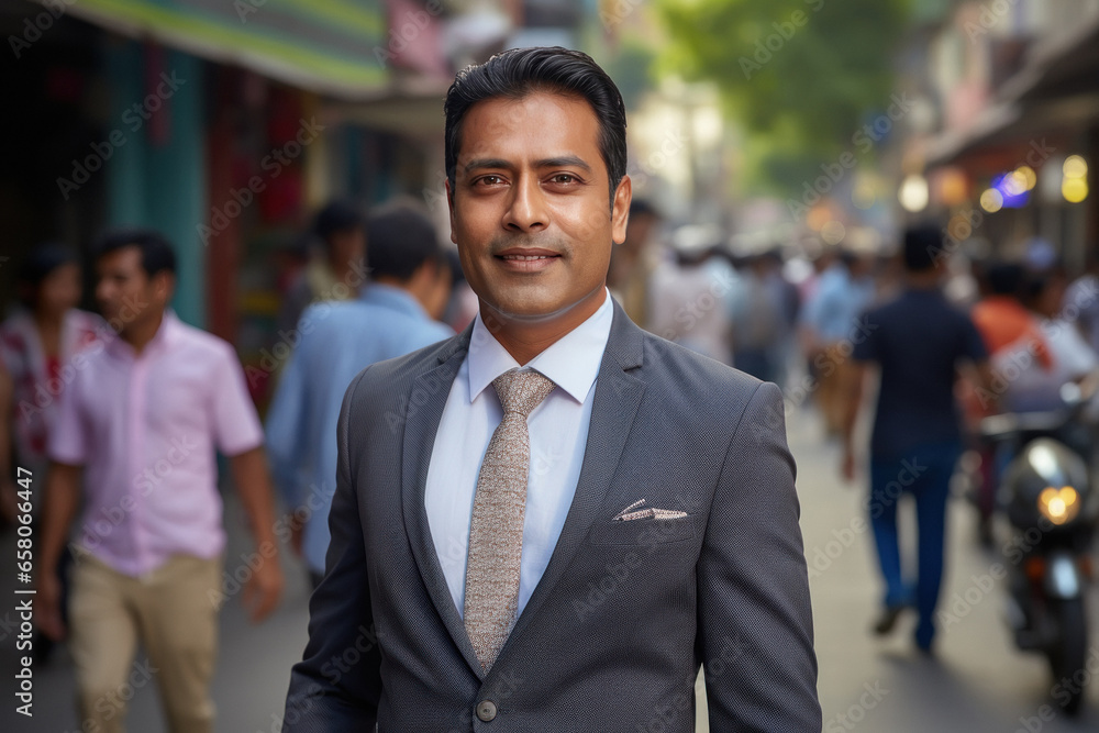 Young and confident businessman in suit, standing on city street. Young and confident businessman in suit, standing on city street.