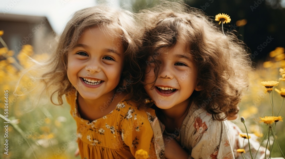 A young boy and girl smiling cheerfully at the camera outdoors. A young boy and girl smiling cheerfully at the camera outdoors.