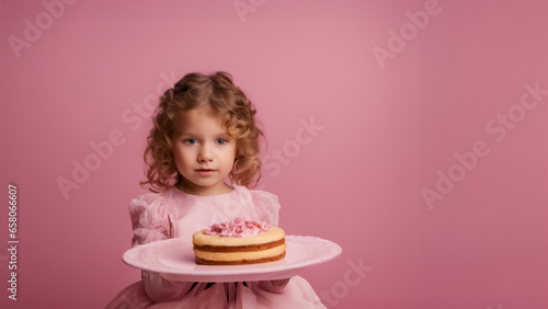 Ritratto di compleanno di una bambina in abiti rosa su sfondo rosa, Birthday portrait of a little girl in pink clothes on pink background photo