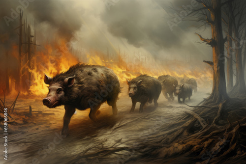 Generative AI problem of forest fires, climate change and global warming. Hell on earth. Wild boars trying to escape from fire. Evacuation wild animals, pigs running along forest path among the smoke.