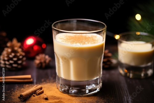 homemade eggnog in a glass by a pile of nutmeg