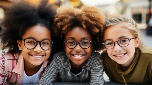 Three children, two girls with afro hair and a boy with glasses, smiling together. photo