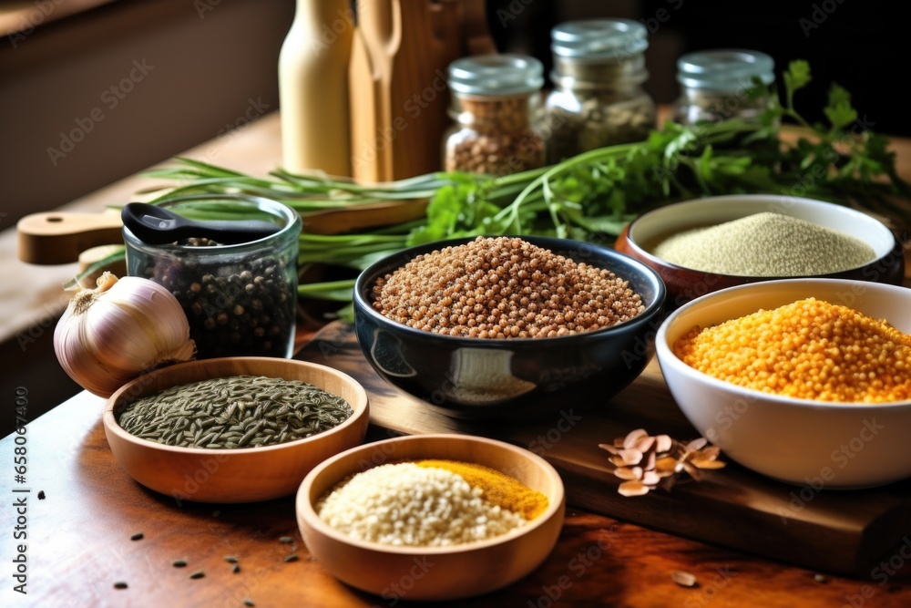 assortment of legumes and grains in bowls on a kitchen counter