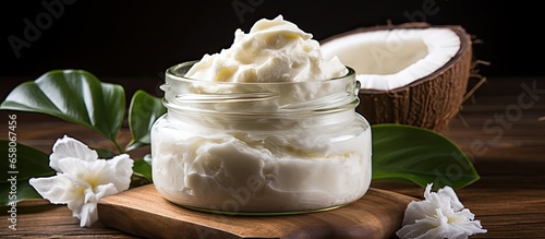 Creating bodywhip also called body butter a moisturizing cream for skincare Ingredients displayed on a wooden background shea butter coconut oil essential oils Packaged body foam butter in a photo