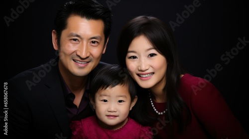 Asian couple with their son smiling at the camera.