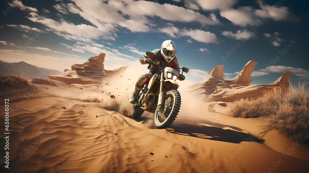un pilote sur une moto pendant une cousre dans le désert - obrazy, fototapety, plakaty 