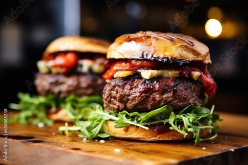 close focus on well-done burgers with juiciness oozing out