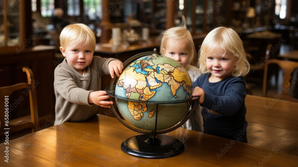 Young children are excitedly examining a world, showing their curiosity and desire to learn. Young children are excitedly examining a world, showing their curiosity and desire to learn.