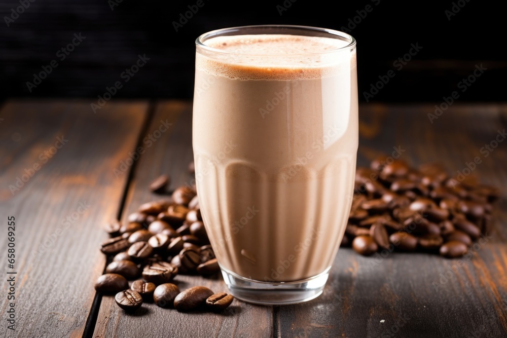 coffee flavored protein shake in a cafe-style glass cup coffee flavored protein shake in a cafe-style glass cup