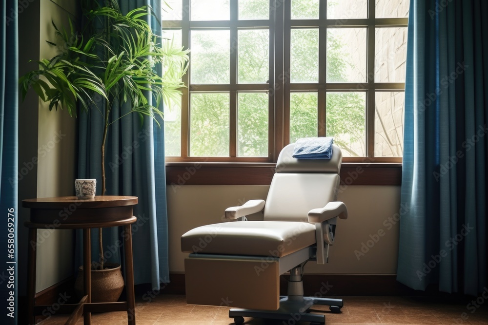 an empty therapists chair set near a window
