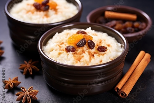 rice pudding garnished with raisins and cinnamon sticks