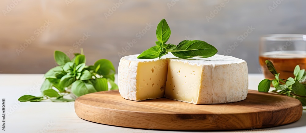 Round cheese on wooden board light background Fresh dairy healthy organic food Appetizing