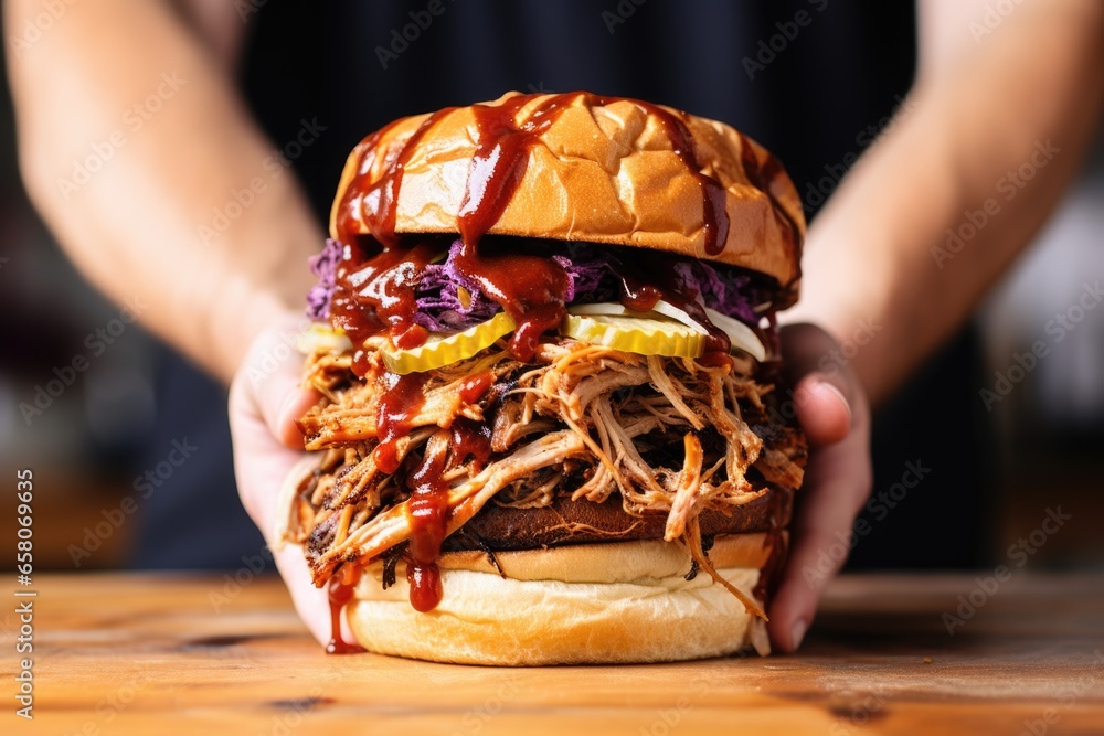 Fotografie hand holding well-stacked pulled pork sandwich