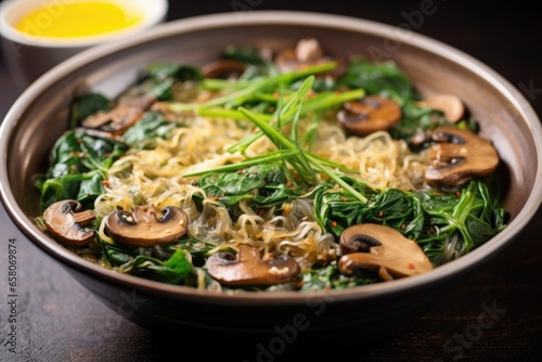 bowl of ramen with umami mushrooms and spinach