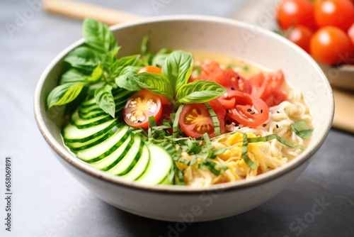 chilled summer ramen with cucumber and tomato