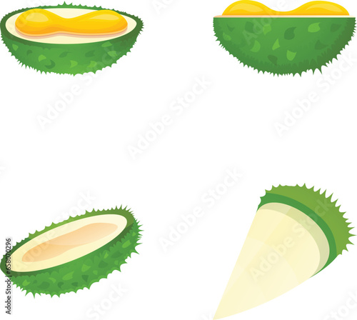 Durian icons set cartoon vector. Exotic fruit. Raw food, healthy nutrition