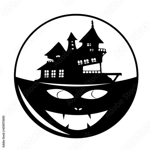 Black and white haunted house in moonlight illustration