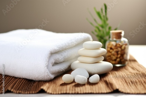 view of white towel, soap, and reflexology pebbles