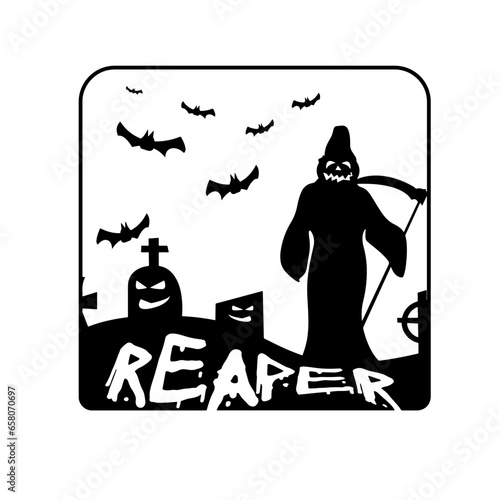 Black and white grim reaper in graveyard drawing