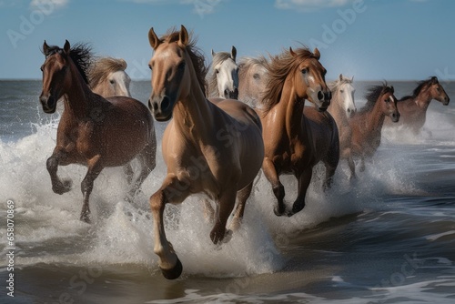 A herd of equines galloping in the ocean waves on a shore. Generative AI