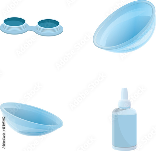 Eye lenses icons set cartoon vector. Contact lenses with packaging and liquid. Medicine, ophthalmology
