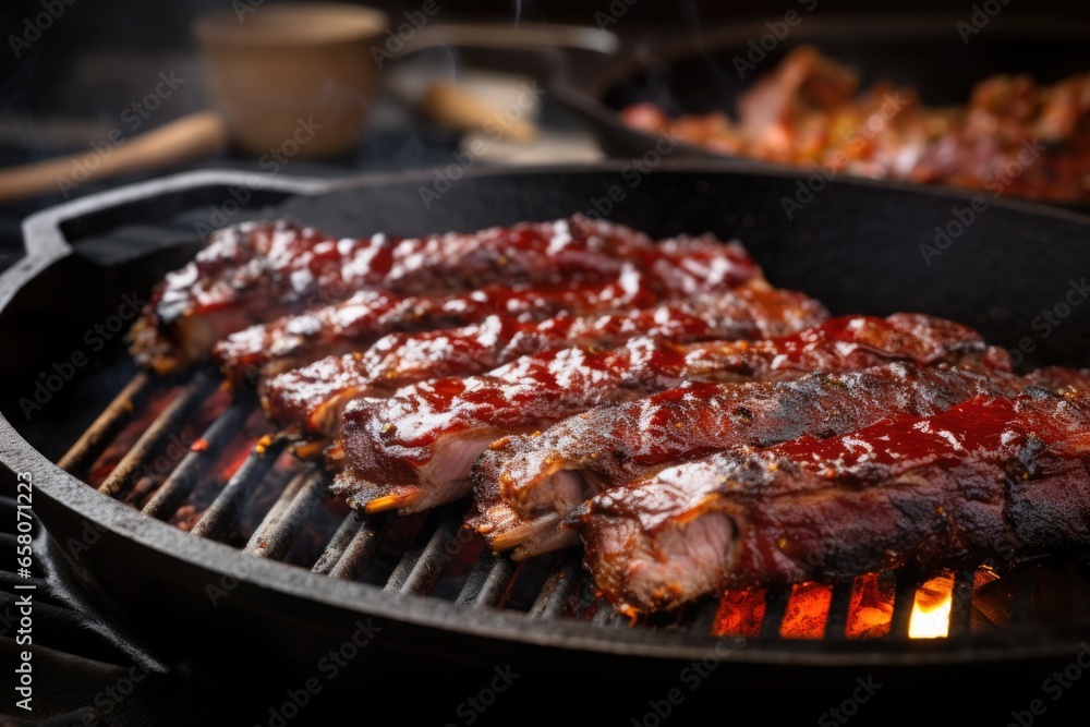 ribs daubed with bbq sauce on a barbecue skillet