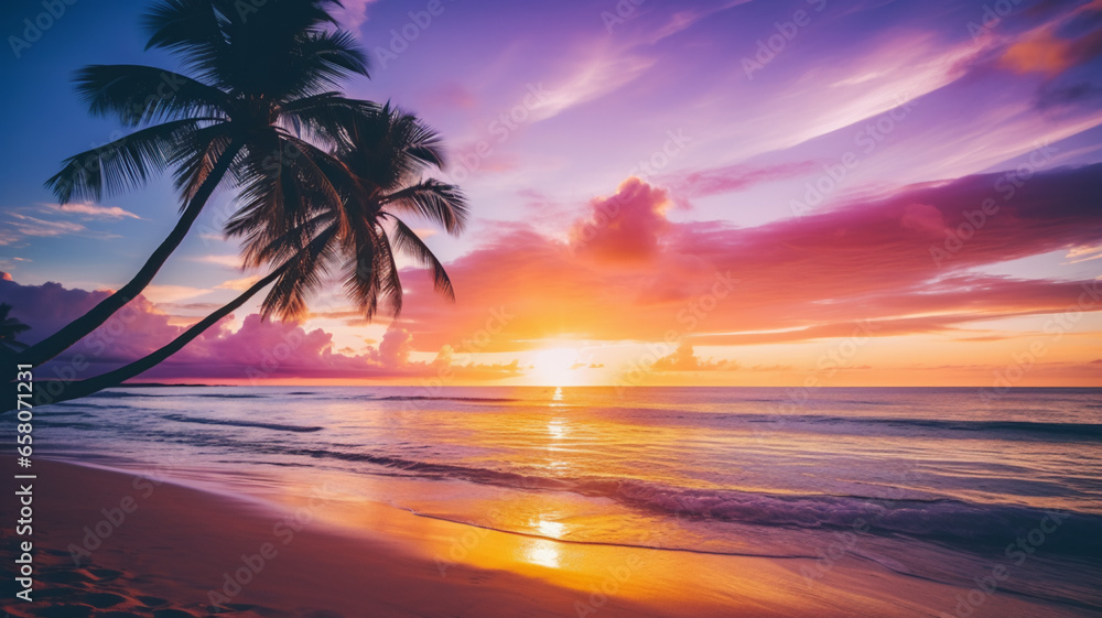 Beautiful sunset tropical beach with palm tree and pink sky, AI Generative.