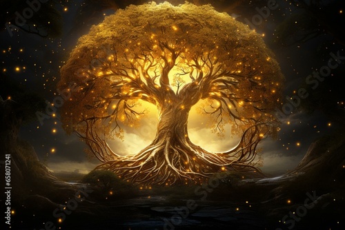 A majestic tree with golden leaves, forming a perfect circle, and having a single root. Generative AI