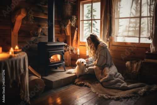 Young woman sitting by the fireplace with a cute dog at cozy wooden cabin