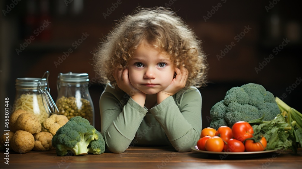 Fototapeta premium A little girl pondering amidst a vegetable spread
