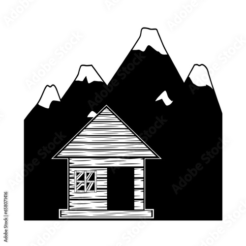 Black and white wooden cabin vector illustration