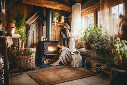 Young woman sitting by the fireplace with a cute dog at cozy wooden cabin