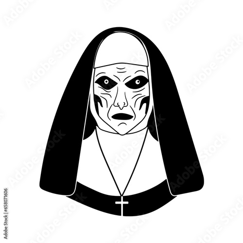 Black and white nun horror face illustration