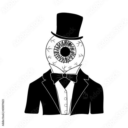 Black and white spooky character in top hat drawing