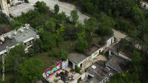 Flying Above Abandoned Haludovo Palace Hotel In Malinska, Island Of Krk In Croatia. aerial flyby photo