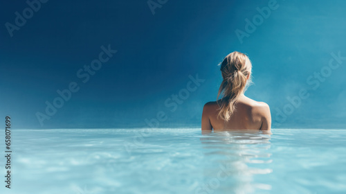 Woman At Luxury Resort On Romantic Summer Vacation. People Relaxing In Edge Swimming Pool Water, Enjoying Beautiful Sea View. © PaulShlykov