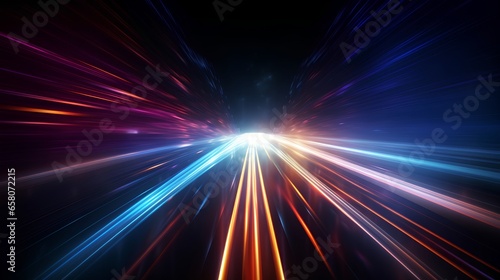 Data speed lines on a dark background, representing the concept of optical cables and high internet speed. Lines of light symbolizing the flow of information.