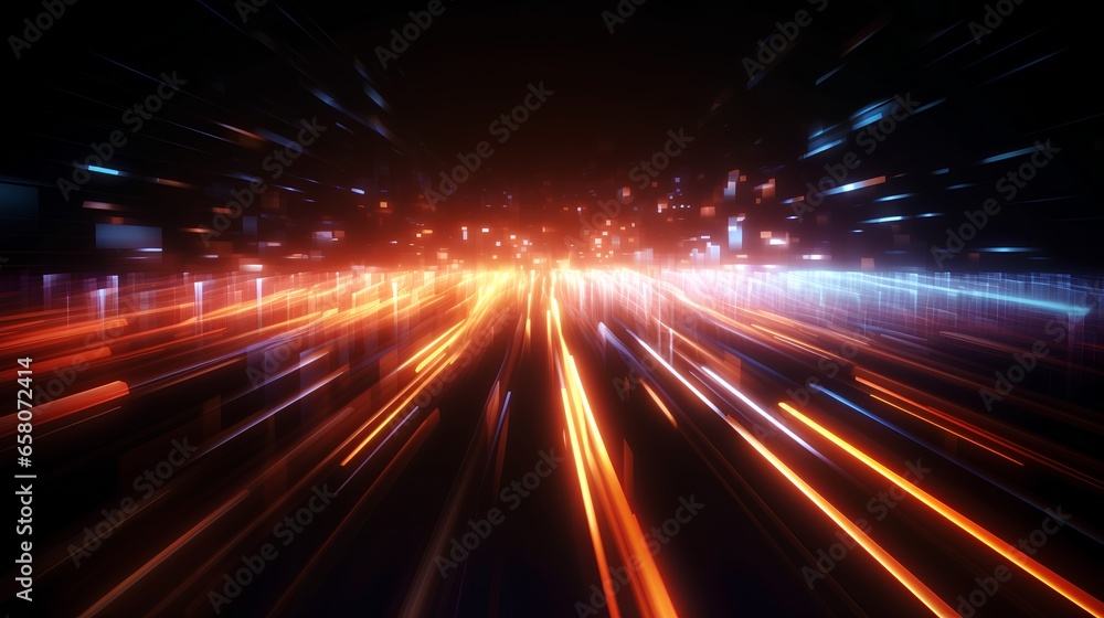 Data speed lines on a dark background, representing the concept of optical cables and high internet speed. Lines of light symbolizing the flow of information.