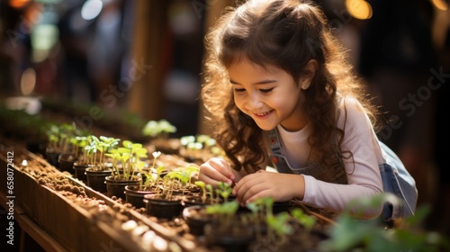 A little girl carefully tending to her plants.