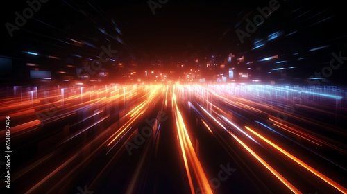 Data speed lines on a dark background, representing the concept of optical cables and high internet speed. Lines of light symbolizing the flow of information. © TensorSpark