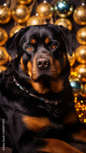 Christmas photo of a Rottweiler. New Year's dog.