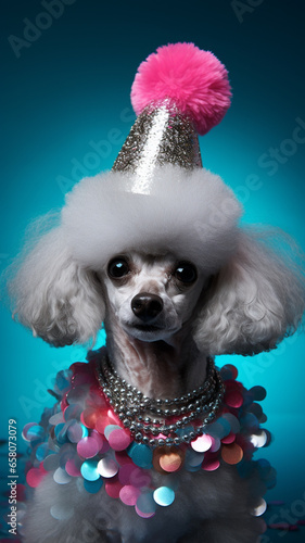 Christmas photo of a poodle. New Year's dog.