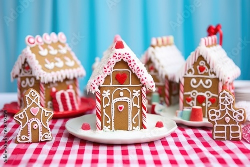 decorated gingerbread houses with candy-cane fences on a blue tablecloth