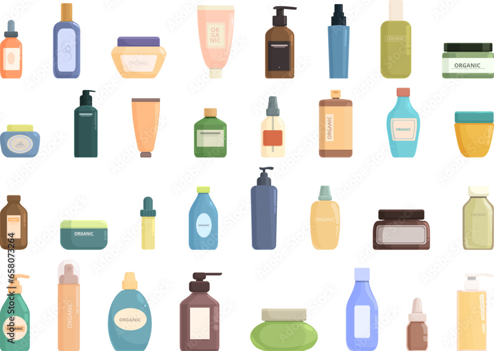 Organic skincare products icons set cartoon vector. Cosmetic beauty. Nature fresh