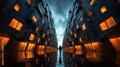 perspective d'une rue entre deux bâtiment moderne et illuminés sous un ciel d'orage